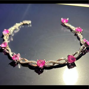 7 1/2" Created Pink Sapphire Heart Station Bracelet in Sterling Silver